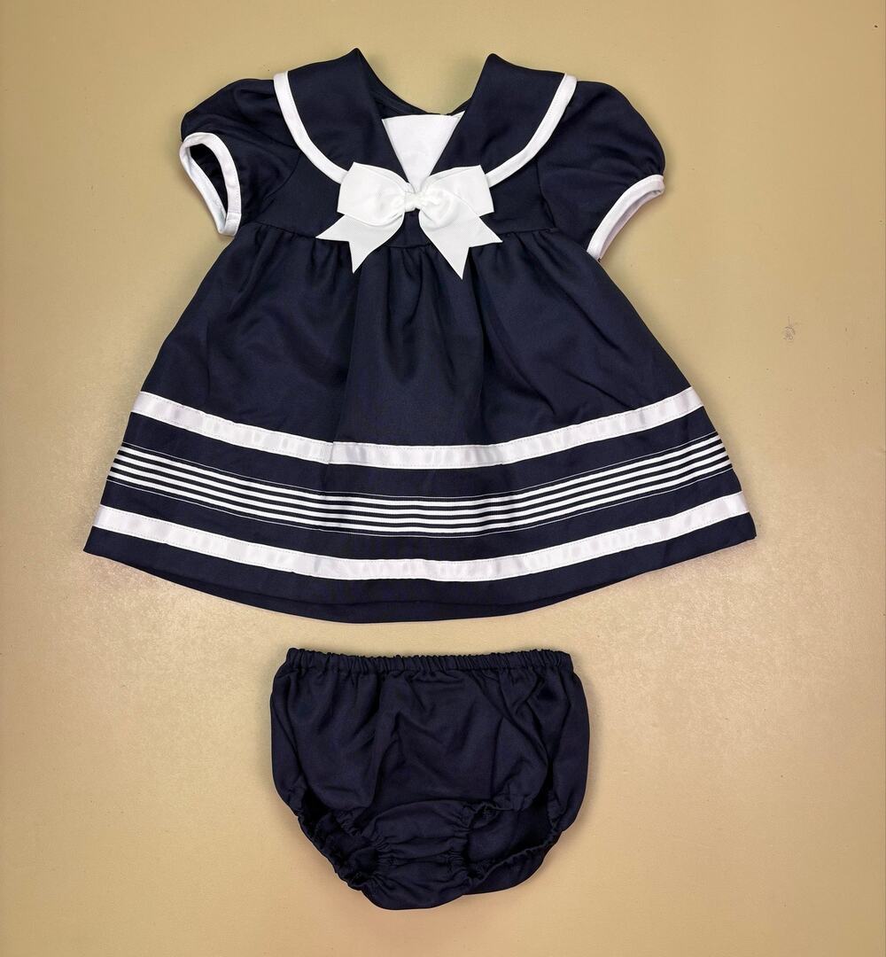 Rare Editions Baby Girl 18M Navy Sailor Dress Bloomer Set White Bow Nautical EUC